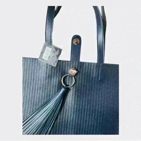 NWT ULTA vegan leather weaved dark blue tote shoulder bag with tassel! - Picture 4 of 6